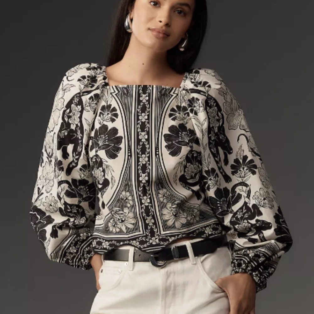 Farm Rio Leopard Floral Blouse | Black & White | Boat Neck | SMALL | NWT - Picture 1 of 12